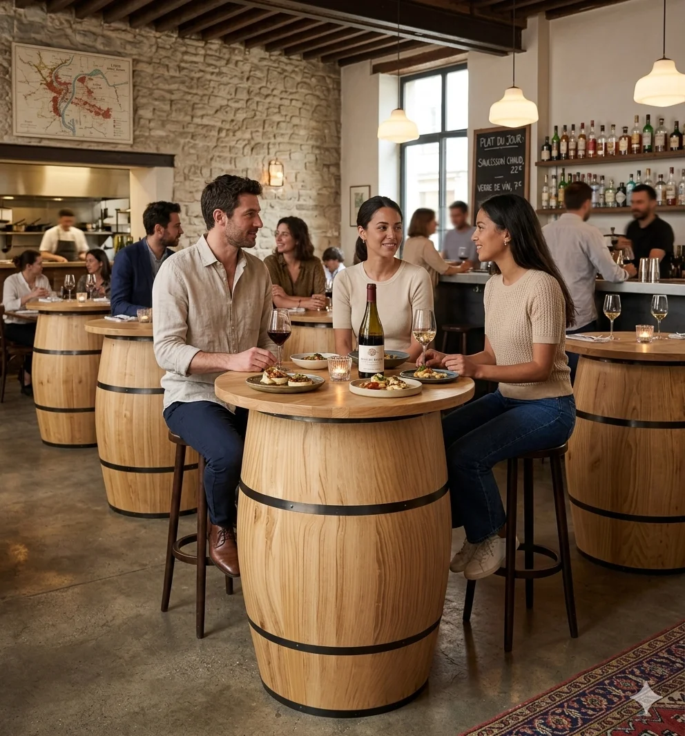 Mange debout tonneau bois laqué professionnel pour restaurant et bar