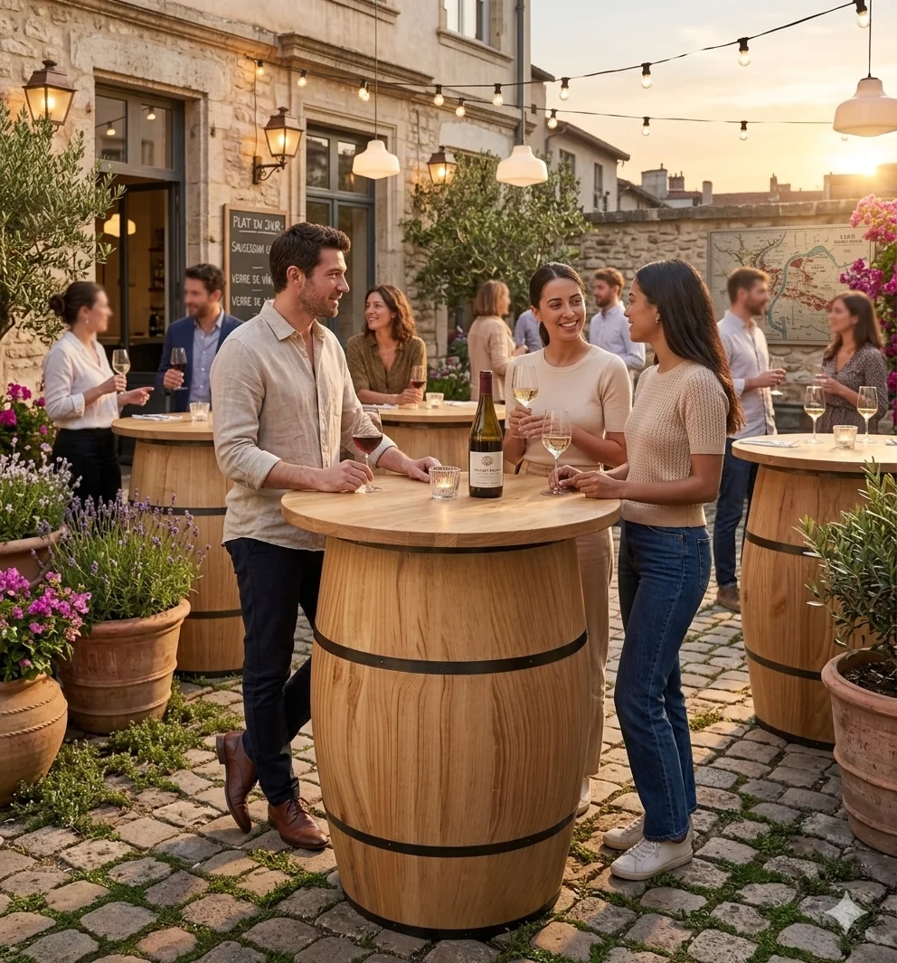 Détail mange debout tonneau professionnel finition bois laqué